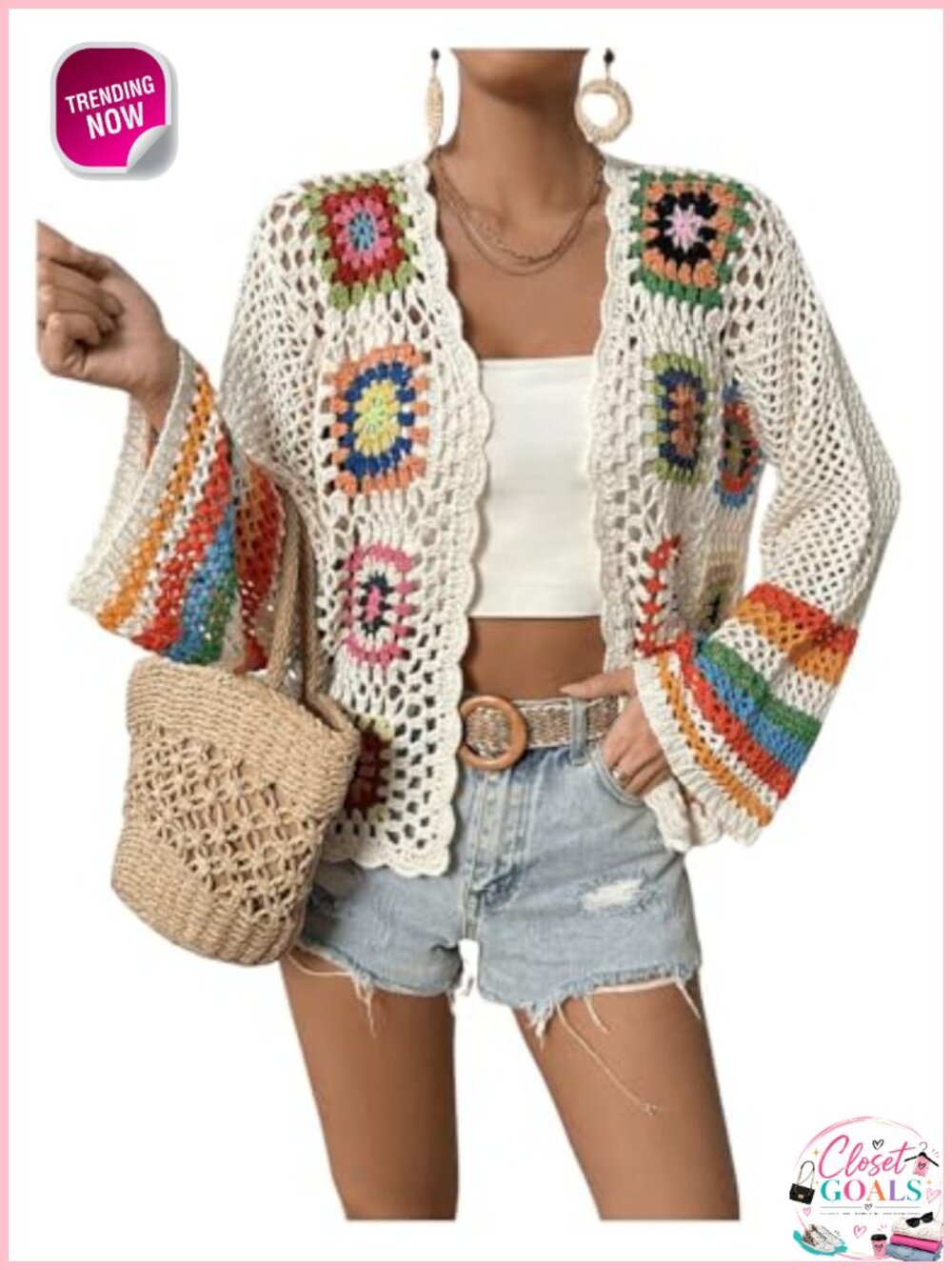 Crochet Floral Open Front Long Sleeve Cardigan Sweater Loose Fit